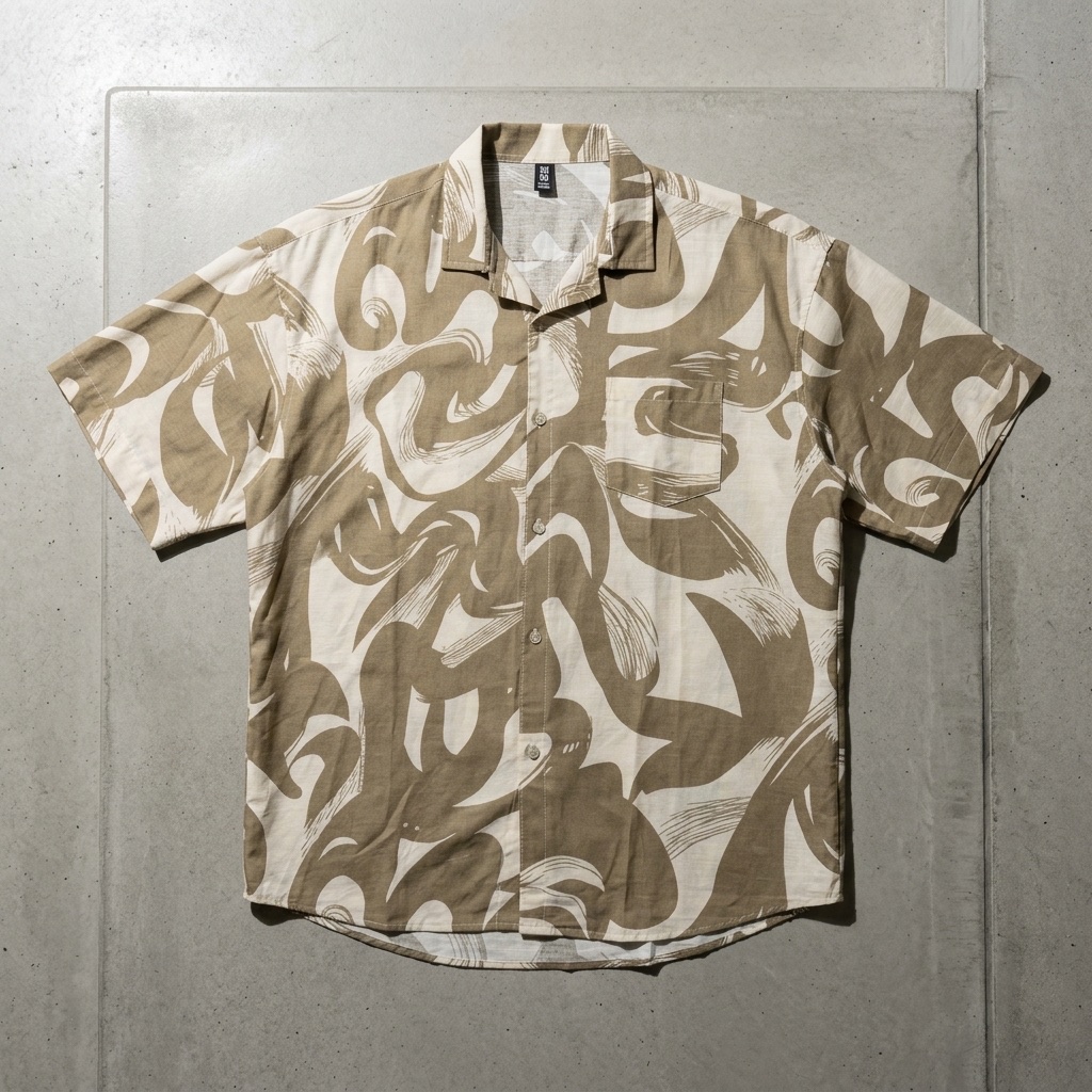Printed short-sleeve camp-collar shirt shown as a product example