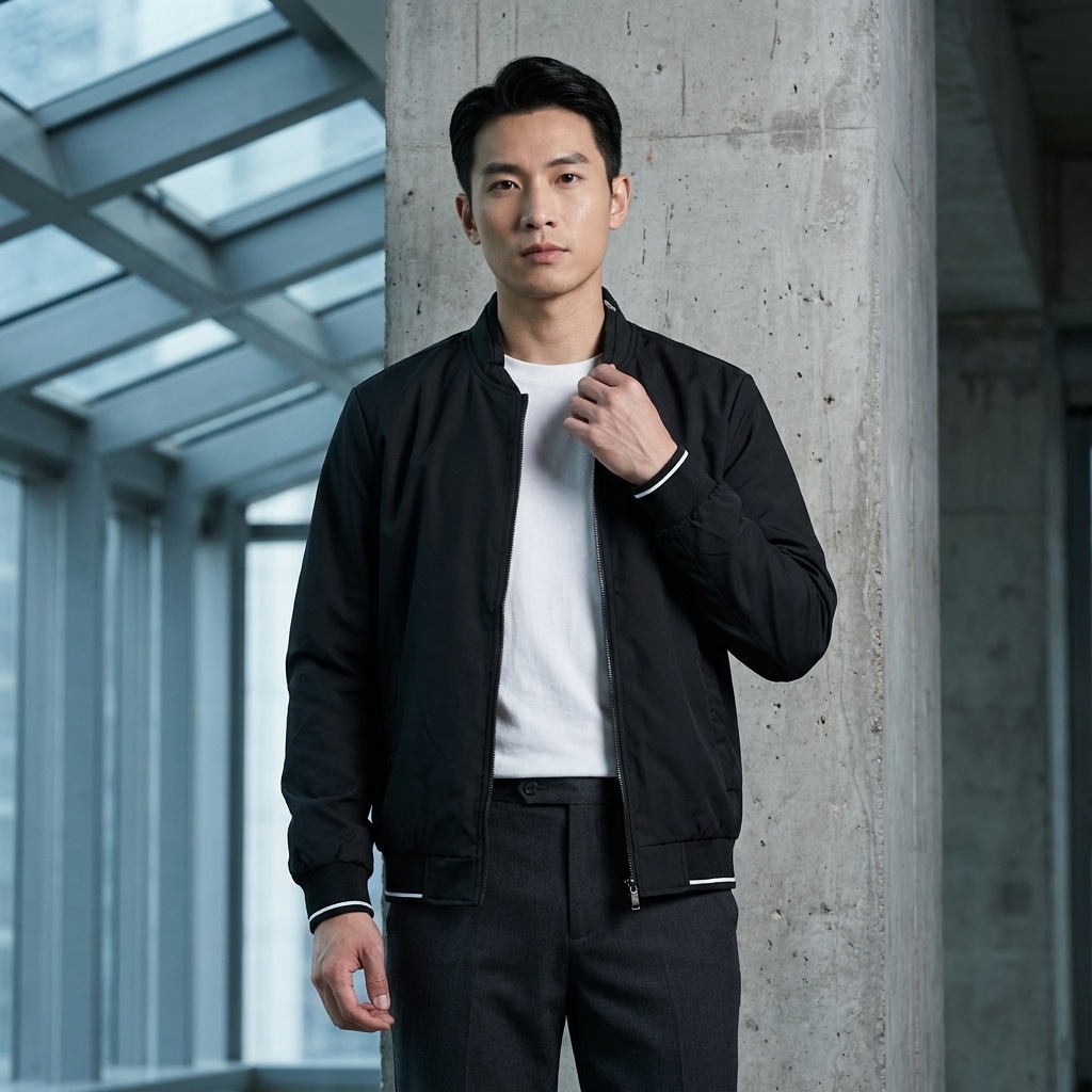 Black bomber jacket with ribbed collar and cuffs, shown as a product example