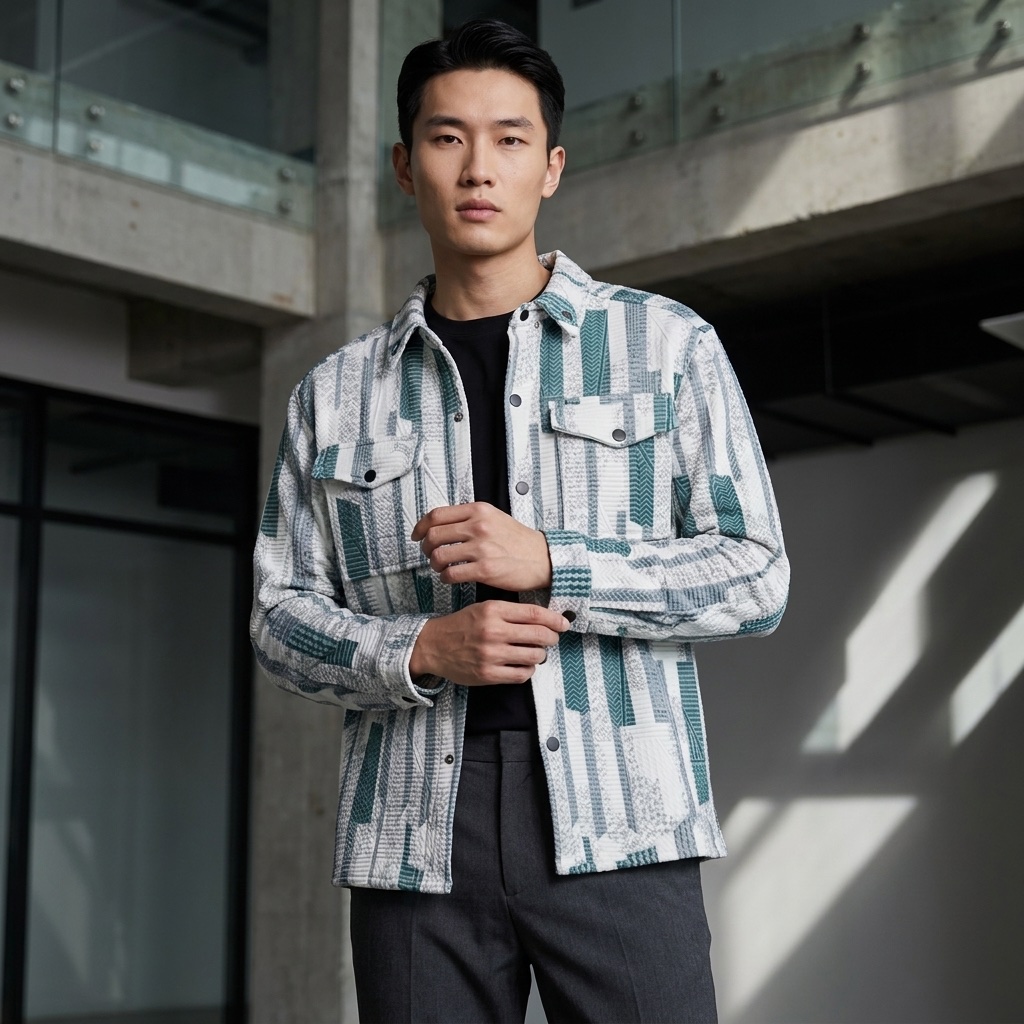 Patterned overshirt in a checked woven fabric, shown as an outerwear product example