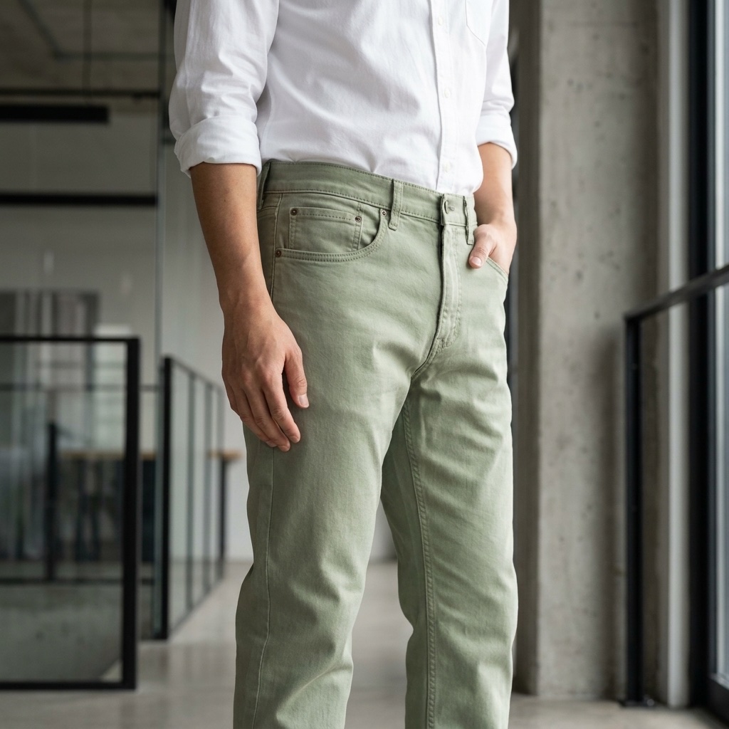 Sage-green five-pocket cotton trousers shown as a product example